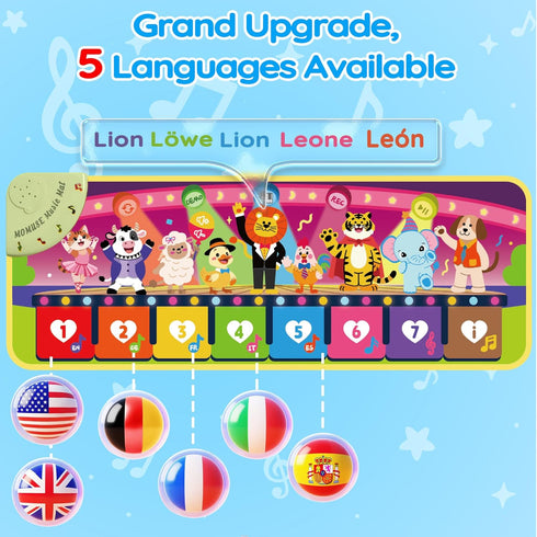 5-Language 1 2 3 4 9 1+ MOMUSE Music Piano Mat (EN/DE/FR/IT/ES) for Year Old Boys Girls, Multilingual Education Baby