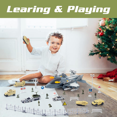 7 XDUOYJOY Military Fighter Jet Toys, Army Airplane Toys with Vehicles Trucks Helicopter Army Men, Decorate & Launch