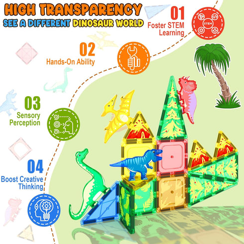 3+ Coodoo Dinosaur Toys Magnetic Tiles - Magnet Building Blocks for Toddler Kids Toys STEM Sensory Outdoor Toy for Year