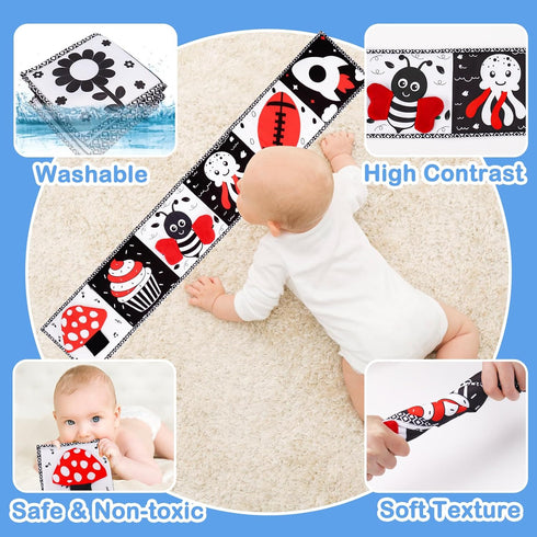 Black and White High Contrast Toys for Baby - Infant Tummy Time Soft Book, Sensory Musical Toy for Brain Development