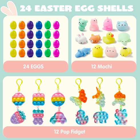 24 JOYIN PCS Prefilled Easter Eggs with Assorted ToysFilled with Mochi Squishy Toys and Pop Bubble Fidget