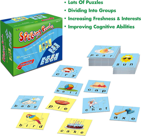 72 Word Spelling Puzzles with Error-Correction Mechanism, Perfect for Preschool Learning (36 Blocks Double Sided)