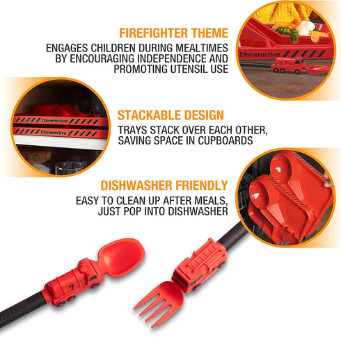 Dinneractive 3PC Dining Set for Kids - Red Firefighter Dinnerware - Fire Truck Utensils - Toddler Plates - Baby Dishes