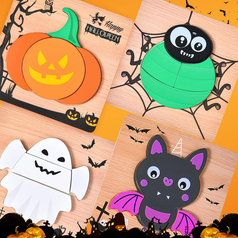 4 Pack Halloween Wooden Puzzles for Kids, Boys Girls Toddlers Halloween Jigsaw Toys for Party Favors and Treats