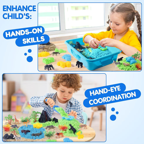 2.2lbs Set 35pcs 3+ Billeeit Animal Sensory Bin Sand Toy, Play Sand Kit w/lid and Moldable Sensory Sand, Molds, Tools