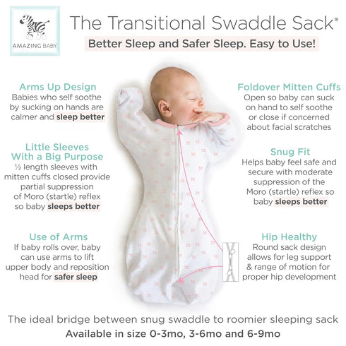 Amazing Baby Transitional Swaddle Sack, Pink Tiny Bows, Small, 0-3 months, 6-14 lb