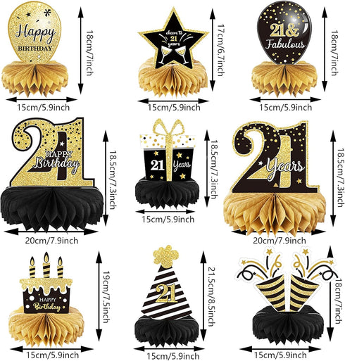 9 Pieces 21st Birthday Decoration, Centerpieces for Tables, Cheers to 21 Years Honeycomb Table Topper Supplies