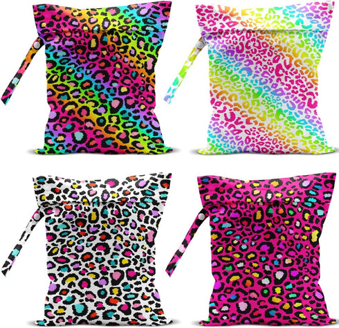 VBCVBGFH 4 Pack Colorful Rainbow Neon Leopard Wet Bag Waterproof Washable Reusable Wet