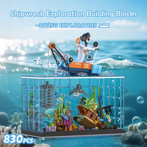 Set 830PCS Set Fish Tank Building Blocks - Ocean Treasure Hunt Building with Adventure Boat, Shark, Jellyfish & Coral