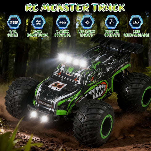 1:18, 20 2WD, 2.4 4-12 Remote Control Monster Truck for Kids: Off-Road RC Car with Headlights & Body Lights, km/h, GHz