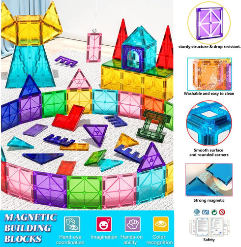 Large Magnetic Tiles Set - 4 Piece Square Shape Building Blocks for STEM Learning & Fun Kit