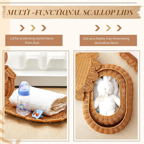 2 Juexica Pcs Scalloped Rattan Baskets, Woven Rattan Wicker Storage Baskets with Lid for Nursery Storage Diaper