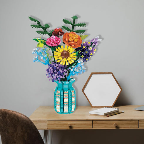 ZONECYTD Set 1853pcs Flowers Bouquet Toys Building Blocks with Vase, Roses, Sunflower, Hyacinth, Hydrangea, Artificial