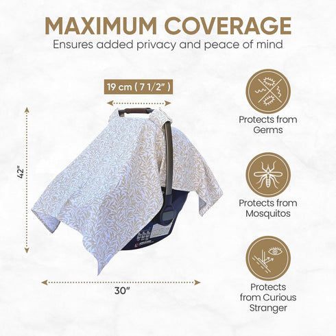 MOZAH 100% Baby Car Seat Cover - Beige Leaves - Organic Muslin - Soft, Breathable and Lightweight, Baby Infant Car Seat