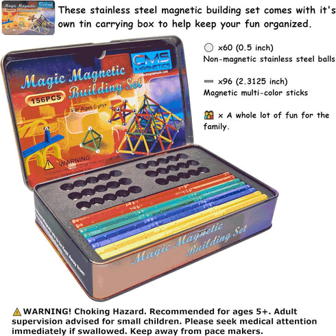 CMS MAGNETICS - 156-Piece Multi-Color Magnet Building Toy Set, STEM Educational Learning Activity in Tin Box