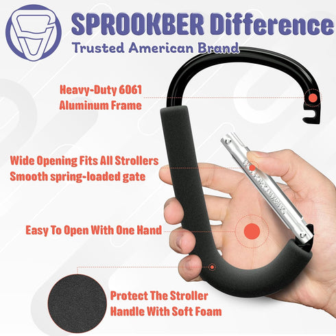 6.7 Inch Mommy Backpack Set 2 sprookber Large Stroller Hooks for Diaper Bags & Purses, Heavy Duty Hooks for Shopping