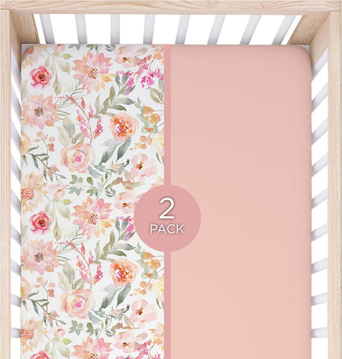 2 Pack Baby Girls Crib Sheets | Floral & Solid Pink Ultra-Soft Bedding for Crib Mattress and Toddler Beds |Blended