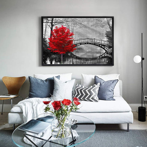 najiaxiaowu Adult Classic Jigsaw Puzzle, 1000 Pieces Wooden DIY Black and White Bridge & Red Tree Home Decor, 75x50cm