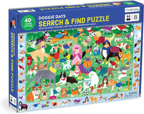 Mudpuppy Doggie Days — 64 Piece Search & Find Puzzle Jigsaw Puzzle Featuring A Variety of Dogs and Puppies and Over 40 Hidden Images to Find for Ages 4+