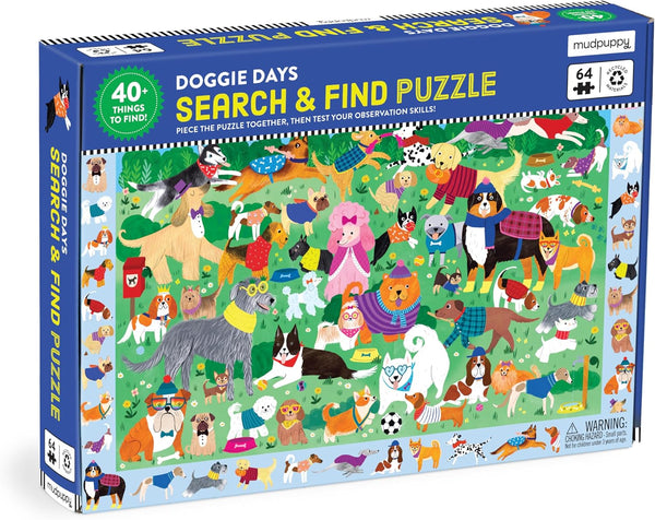Mudpuppy Doggie Days — 64 Piece Search & Find Puzzle Jigsaw Puzzle Featuring A Variety of Dogs and Puppies and Over 40 Hidden Images to Find for Ages 4+