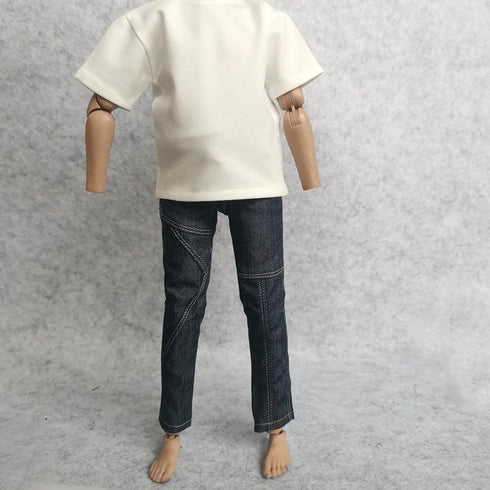 1/6 Custom Scale Clothes - T-Shirt + Jean Trousers for 12" Male Action Figure Doll Clothes (White)