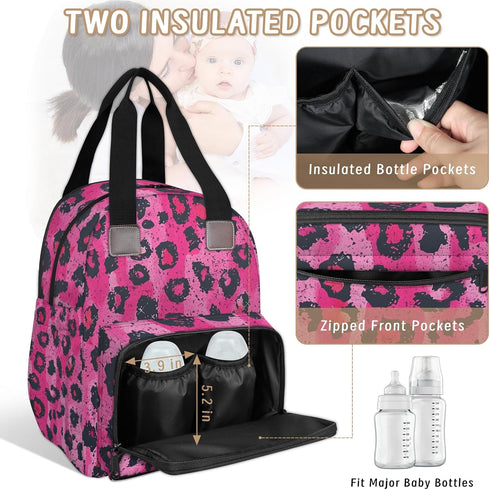 Shoblo Backpack Leopard Print Rosy Diaper Bag for Travel, Waterproof Diaper Bag with Insulated Bottle Pockets & USB