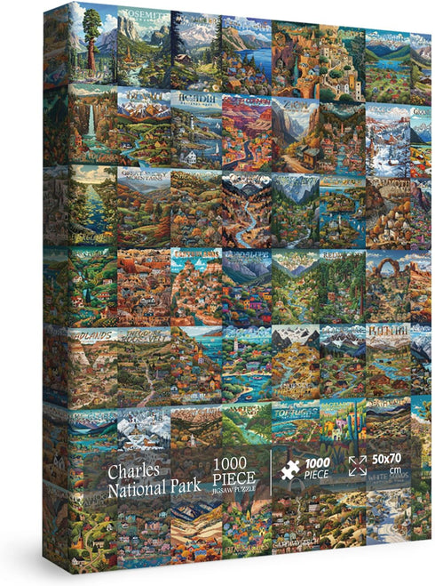 National Parks Puzzles for Adults 1000 Pieces, Charles Wysocki Jigsaw Puzzles Scenery Yellowstone Yosemite Jigsaw Puzzles, Funny Family Collage Puzzles