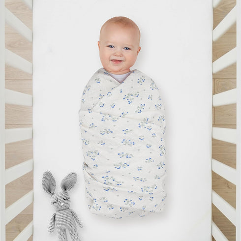 Baby Muslin Swaddle Blanket, Floral Baby Boy & Girl Swaddle Blankets, Neutral Muslin (BLUE CLOVER)