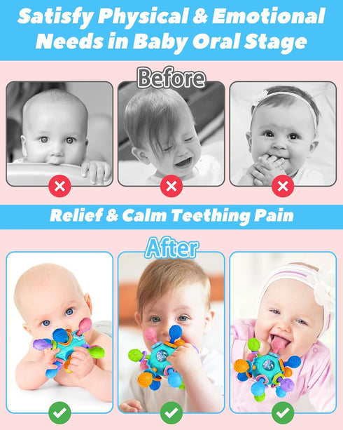 Baby Teething Toys for 0-6 6-12 Months, Montessori Tummy Time Toys for Newborns, Infant Rattles Chew Sensory Toys, Baby