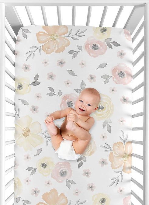 Sweet Jojo Designs Yellow and Pink Watercolor Floral Girl Fitted Crib Sheet Baby or Toddler Bed Nursery - Blush Peach