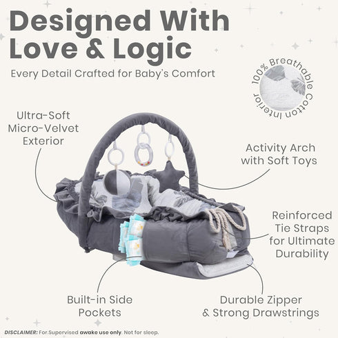 Nebulita 100% Newborn Lounger Leaf Gray - Flexible & Portable w/Infant Support Cushion, Soft & Breathable Cotton