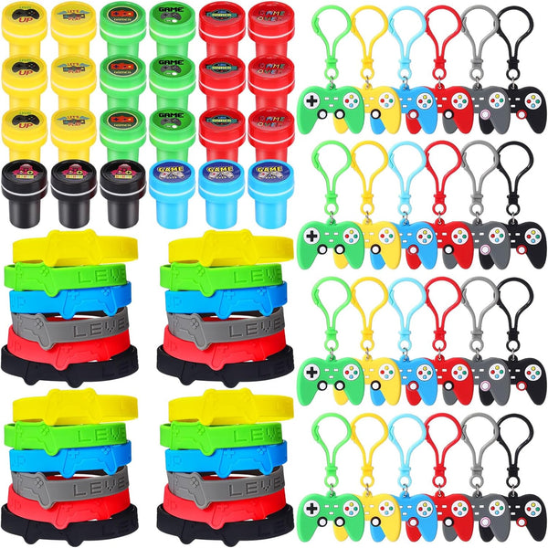 Skylety 72 Pcs Video Game Party Favor Set, Rubber Bracelets, Stamps, and Keychains for Kids