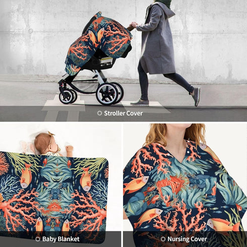 Beubebim Summer Marine Coral Fish Baby Car Seat Canopy Soft Breathable Infant Carseat Cover Lightweight Baby Carrier