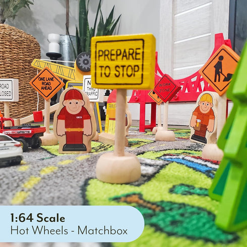 Toy Wooden Road Construction Traffic Sign Set; Street Signs for Small Toy Cars and Diecast Vehicles