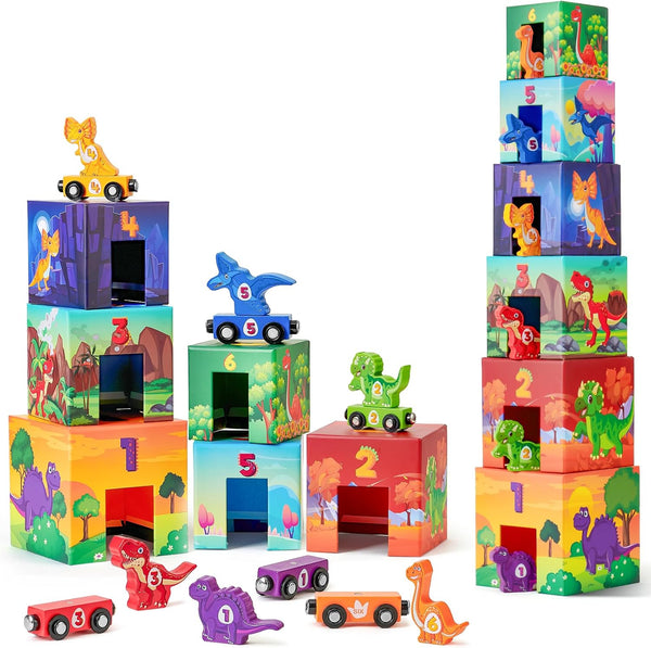 Atoylink Toddler Dinosaur Sorting and Stacking Toys with Magnetic Wooden Dinosaur Train