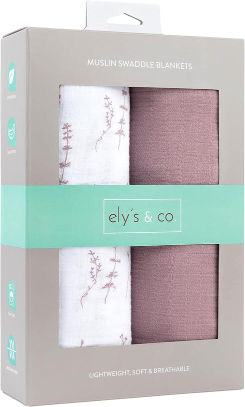 2-Pack 100% (47 47) Ely's & Co. Muslin Swaddle Blanket Cotton Muslin Extra-Large Swaddle Blankets x Solid + Printed