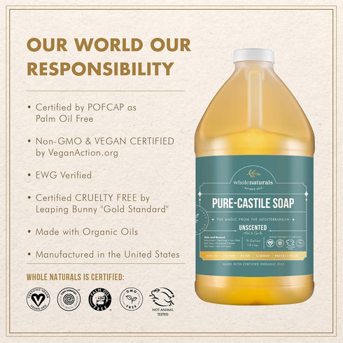 64 Oz WHOLENATURALS Pure Castile Soap Liquid, EWG Verified & Certified Palm Oil Free Unscented, Natural, Mild & Gentle