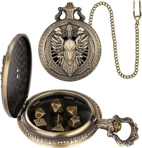 Mini DND Dice Set 7pcs Polyhedral Metal D&D Dice Steampunk Hollow Paladin Knight Warrior Pocket Watch Shell Case
