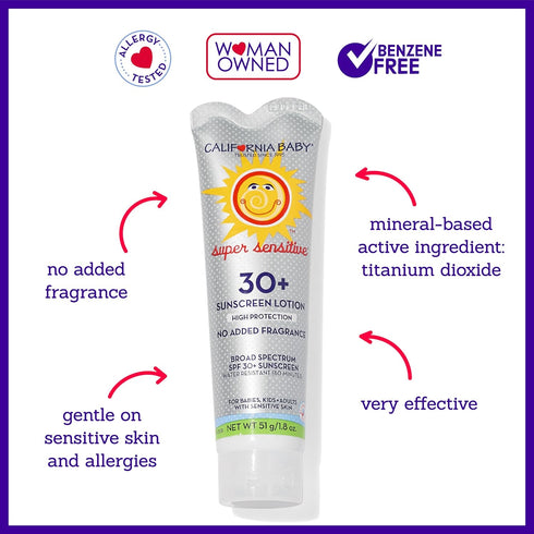 California Baby Super Sensitive SPF 30+ Sunscreen, 51 g / 1.8 oz - Hypoallergenic Unscented Mineral Protection