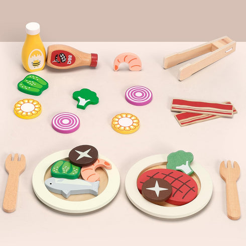 Set 24 36 Pillowhale Wooden Pretend Play Food for Kids Kitchen, Pcs Play Kitchen Accessories with Fruits, Vegetables