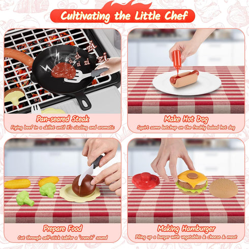 Kids Kitchen Playset, BBQ Grill Playset with Smoke, Sound & Light, Interactive Cooking Game for Toddlers Boys Girls 3-5