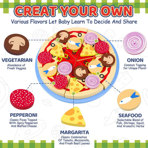 Wooden Pizza Toys for Kids - 24Pcs Cutting Toy Pizza Play Food Set for 3-5 Year Old Toddlers