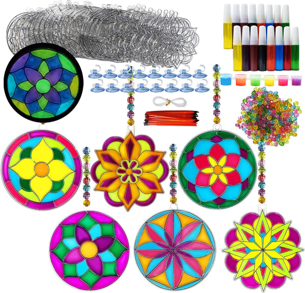 Ayhuhra 30 Sets Mandala Suncatchers Craft Kits Stained Glass DIY Window Paint Art