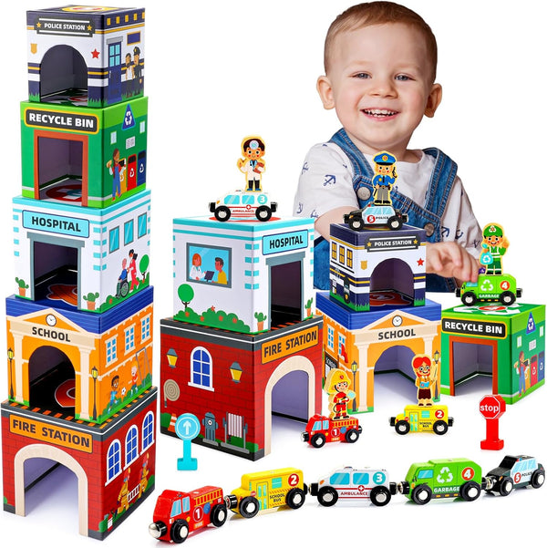 Baby Stacking Toys for Toddlers, Magnetic Wooden Cars & Garage Sorting Community