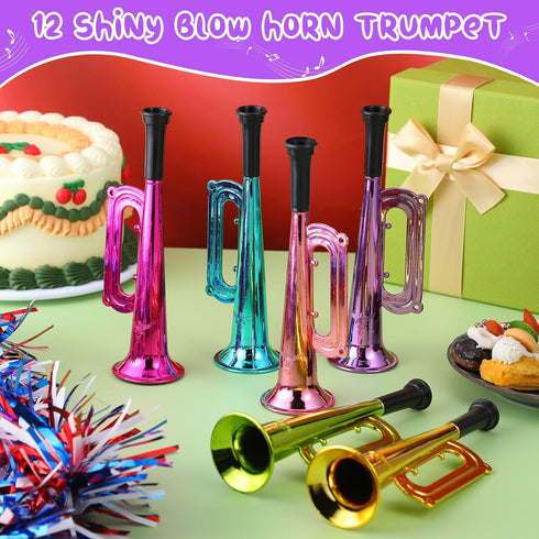 Poen 12 Pcs Mini Metallic Trumpet Musical Instruments, Plastic Noise Makers for Kids Events, Party Favors 7 Inch