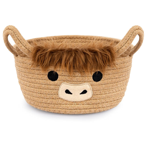 Highland Cute Cow Basket for Nursery, Small Shower Gift Basket, Round Woven