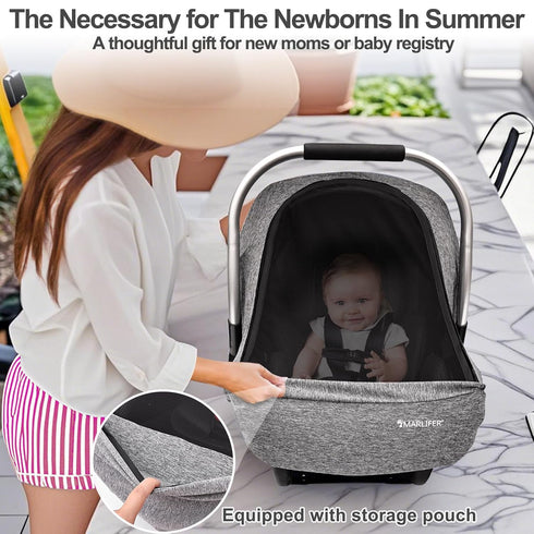 MARLIFER Baby Car Seat Cover, Large Mesh Window, Breathable Fabric, Infant Windproof Canopy, Universal Fit CarSeat