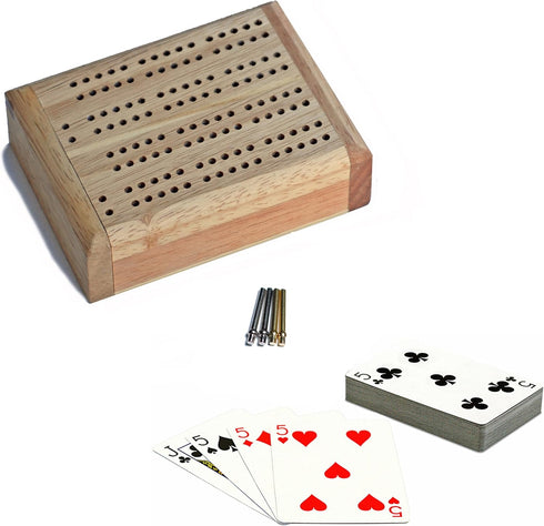 WE Games Wooden Travel Cribbage Board Set, Mini Board Games for Adults with Cards and Pegs