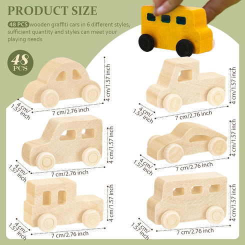 Lenwen 48 Pcs Wood DIY Car Toys, Unfinished Wooden Cars for Party, Craft Projects for Students and Kids