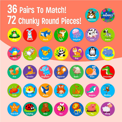 SpriteGru Memory Matching Game, 72 PCS Animal Matching Cards for Toddlers 36 Pairs Memory Cards for Preschool 4 5 6 Years Old